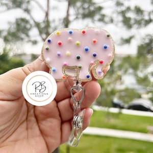 Pink Chubby Elephant Animal Cookie Badge Reel |Pink Animal Cookie | Cookie Badge Reel | Cute Badge Holder | Nurses | Retractable |