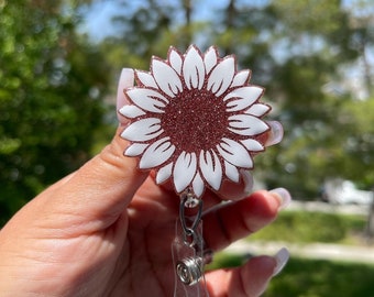 Sunflower Badge Holder | Glitter Sunflower Badge Reel | Badge Clip | Retractable | Interchangeable | Flower Badge Reel