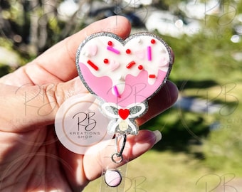 Pink Heart cake pop Badge reel | heart cake pop badge reel | cake pop Badge Reel | Hospital Staff | Nurses | Retractable | Interchangeable |