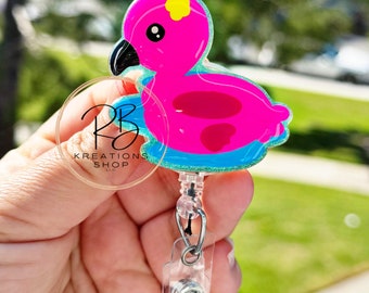 Flamingo Pool Float badge reel | Pool Float Badge reel | fun badge reel | Retractable | Interchangeable | Summer badge reel
