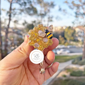 1.5&quot; Honeycomb w/ 3D bee badge reel | Nurse Badge Holder | Teacher ID Card Holder | Interchangeable