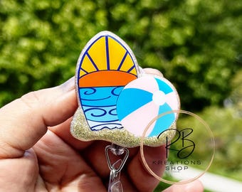 Sunrise Surfboard Badge Reel, Summer badge reel, Beach Theme Badge Reel, Hospital Staff, Nurses, Retractable, Interchangeable