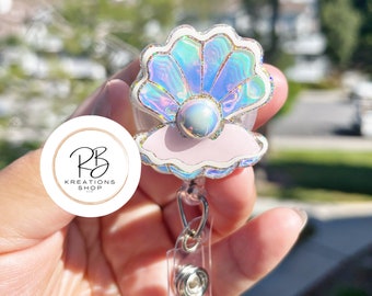 Oyster with pear badge reel | Seashell Badge Reel | Cute Badge Holder | Retractable | Name tag | Interchangeable | Clam clip