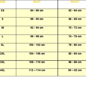 May include: A size chart with bust, waist, and hip measurements in centimeters. Sizes range from XS to 4XL. The chart includes measurements for bust (84-114 cm), waist (62-92 cm), and hips (86-116 cm). A silhouette of a person is on the left.