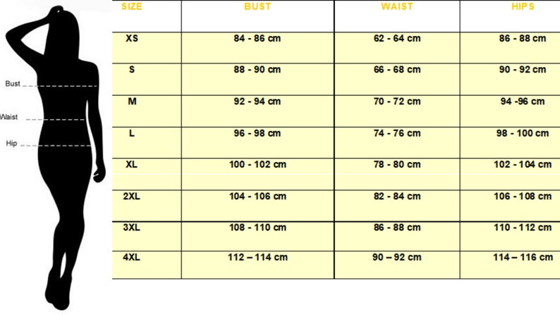 May include: A size chart with bust, waist, and hip measurements in centimeters. Sizes range from XS to 4XL. The chart includes measurements for bust (84-114 cm), waist (62-92 cm), and hips (86-116 cm). A silhouette of a person is on the left.