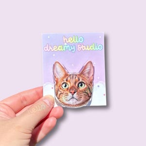 May include: A sticker featuring a detailed illustration of a cat's face with green eyes and brown and tan fur. The sticker is on a light purple background with the words "hello dreamy studio" in pastel colors.