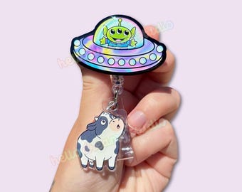 Green Alien UFO Badge Reel, Cow Abduction  Badge Reel