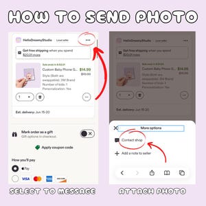 Op de afbeelding: Een screenshot met instructies over het verzenden van een foto op een e-commerce platform. De tekst luidt "HOW TO SEND PHOTO". De stappen omvatten het selecteren om een bericht te sturen en een foto toe te voegen. De afbeelding toont ook een productlijst.