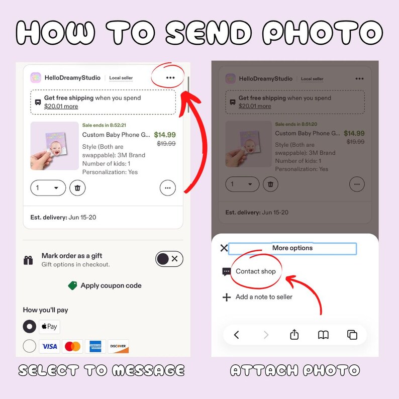 Op de afbeelding: Een screenshot met instructies over het verzenden van een foto op een e-commerce platform. De tekst luidt "HOW TO SEND PHOTO". De stappen omvatten het selecteren om een bericht te sturen en een foto toe te voegen. De afbeelding toont ook een productlijst.