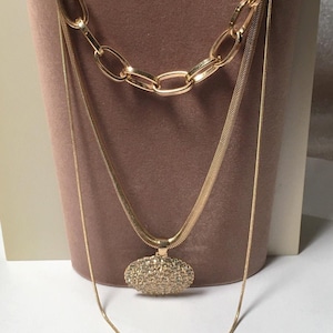 Gold Tone Triple Layered Necklace: CZ Pendant, Monogram J Coin