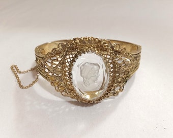 Vintage Gold Tone Intaglio Cameo Hinged Cuff Bracelet by WHITING & DAVIS CO.; Vintage Whiting and Davis Cuff Bracelet; Vintage Cuff Bracelet