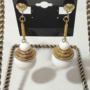 Vintage EMMONS Art Deco Clip On Earrings: Gold Tone White Enamel