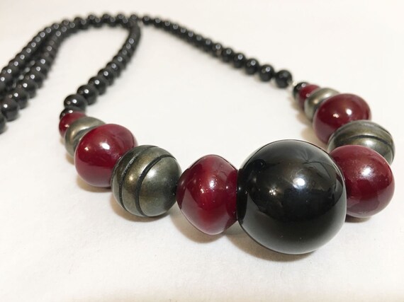 Vintage Black Burgundy & Gray Enamel Bead Matinee… - image 2