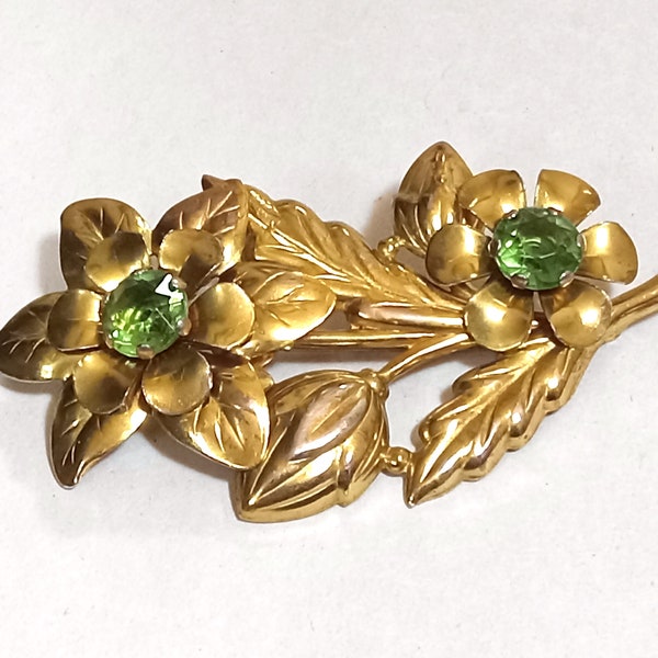 Vintage H Pomerantz Gold Tone Green Rhinestone Floral Brooch; Vintage Floral Brooch; Unsigned H Pomerantz Brooch; Vintage Brooch; Brooch