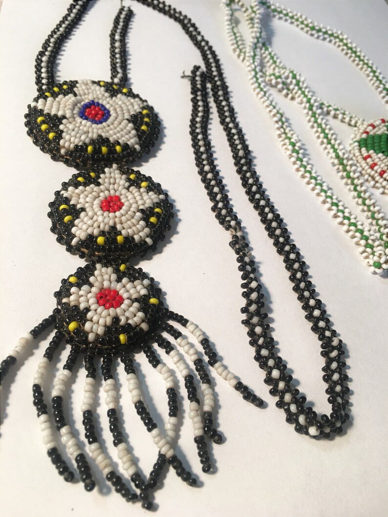 ORIGINAL VINTAGE Native American Southwest Glass Ceramic Leather Seed Bead Tribal Necklaces ; Vintage Indian Seed Bead Tribal Necklaces