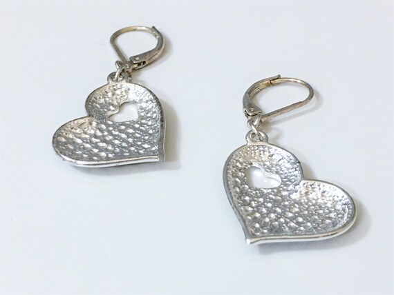 Silver Tone Patchwork Heart Dangle Earrings - image 4