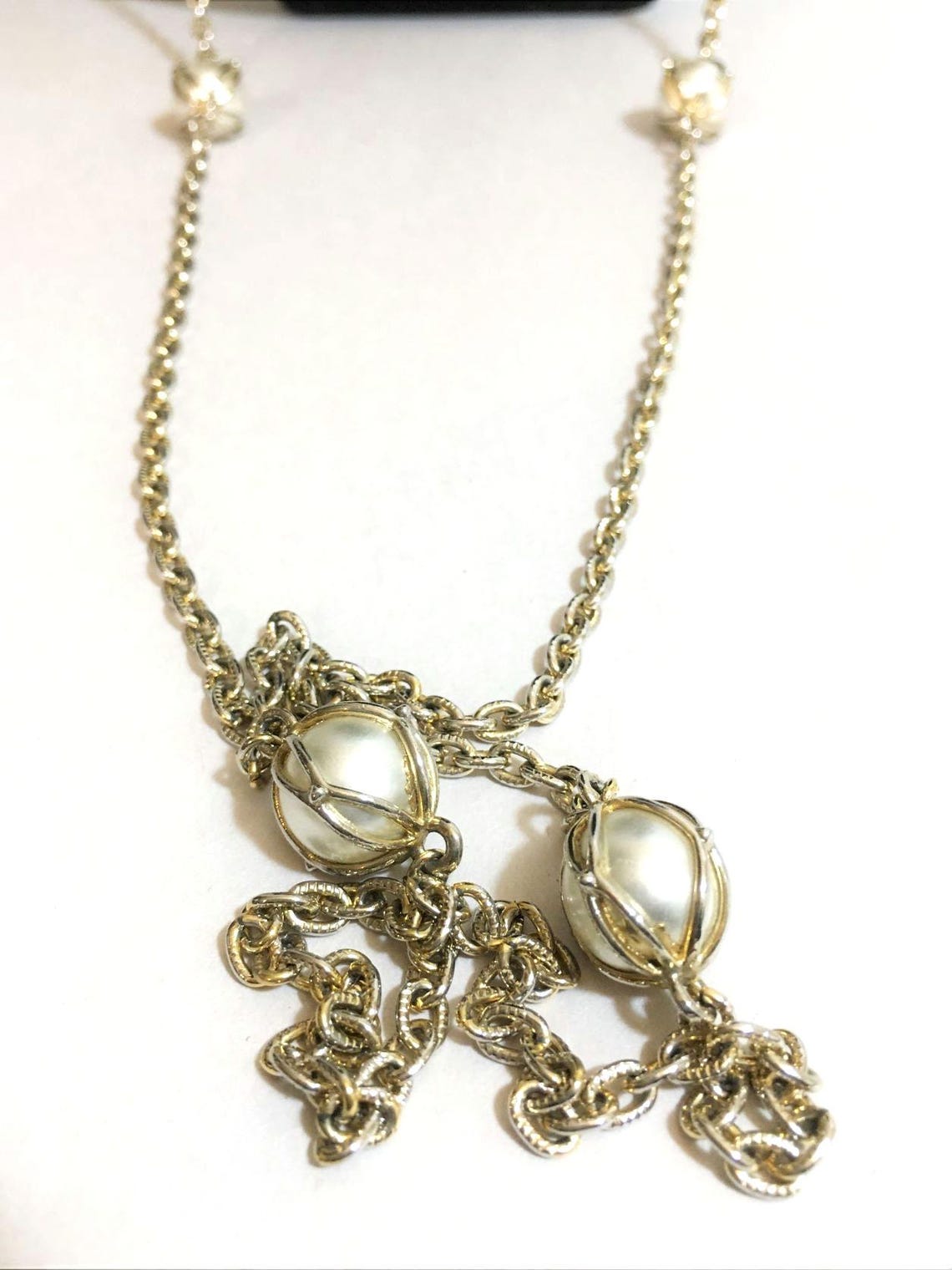 Vintage Gold Tone Opera Necklace: Caged White Bead Station Chain - Etsy