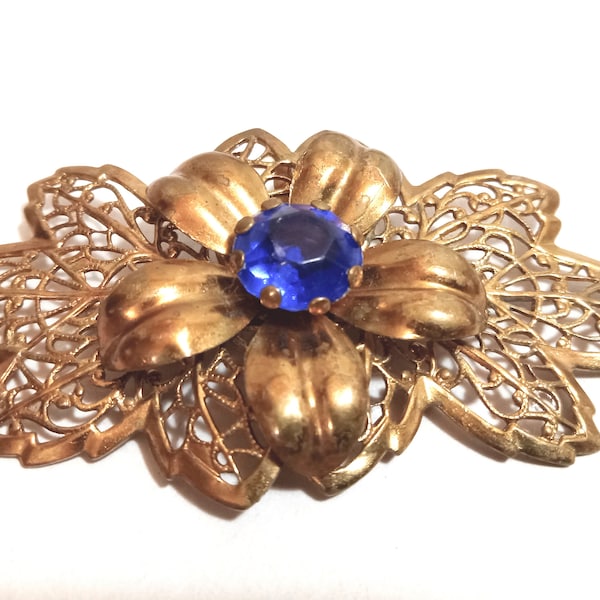Antique Rose Copper 3D Flower Large Blue Stone Brooch; Antique Rose Gold Flower Filigree Brooch; Antique Brooch; Vintage Brooch; Brooch