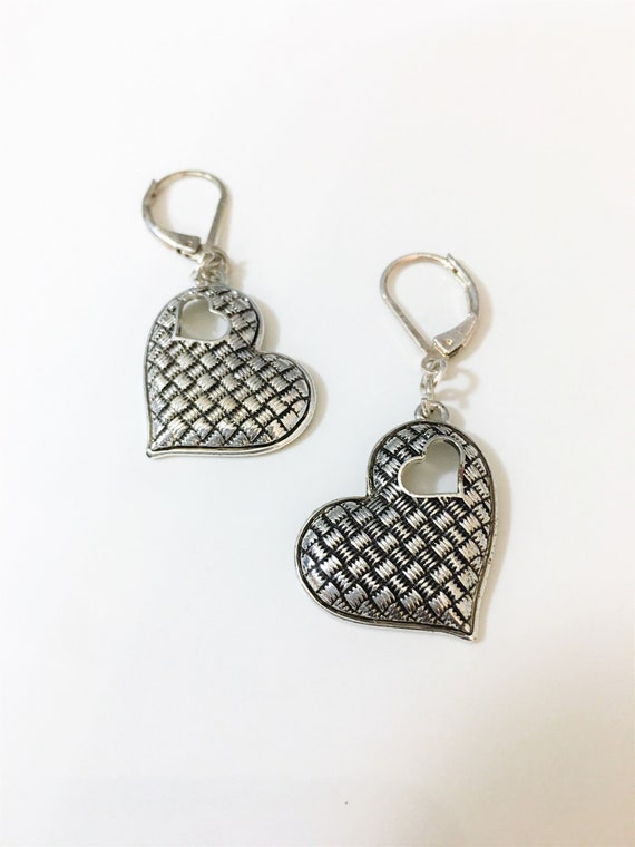 Silver Tone Patchwork Heart Dangle Earrings - image 1