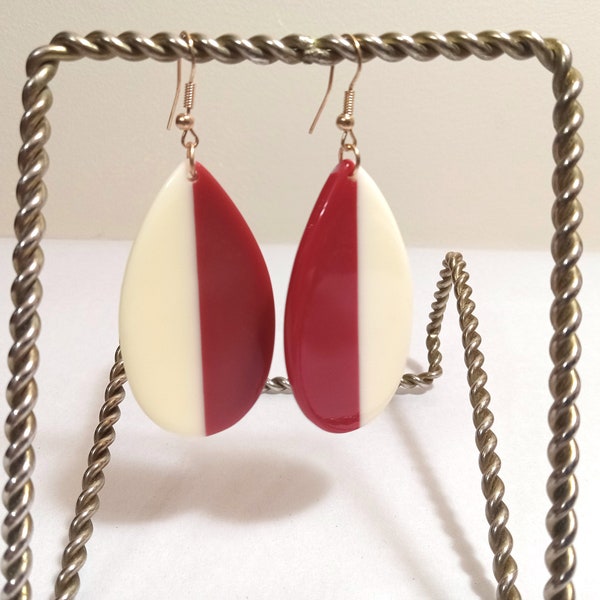 Red & White Large Lucite Teardrop Dangle Earrings; Red and White Dangle Earrings; Large Teardrop Earrings; Dangle Earrings; Drop Earrings