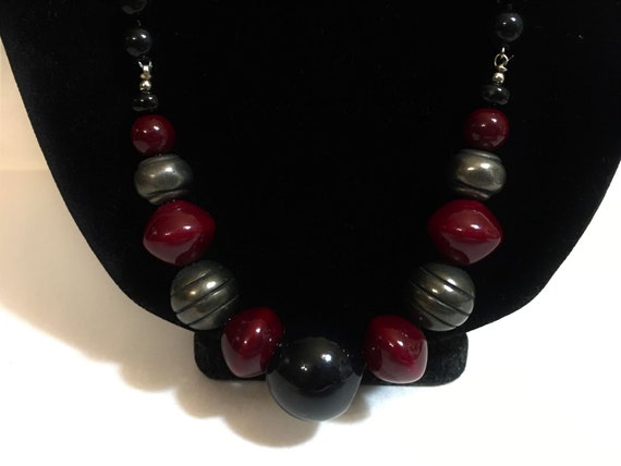 Vintage Black Burgundy & Gray Enamel Bead Matinee… - image 5