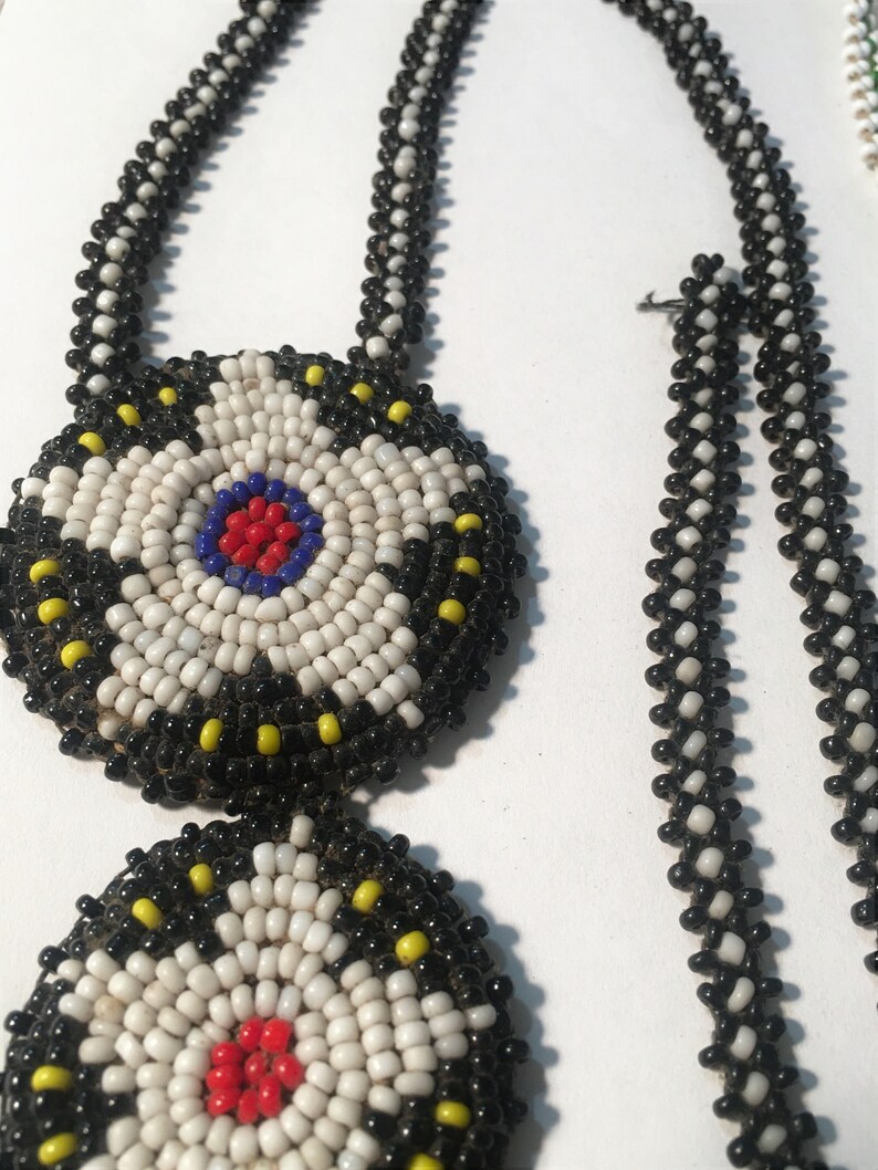 ORIGINAL VINTAGE Native American Southwest Glass Ceramic Leather Seed Bead Tribal Necklaces ; Vintage Indian Seed Bead Tribal Necklaces