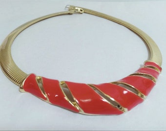 Vintage Gold Tone Red Enamel Omega Collar; Elegant Red Enamel Omega Choker; Vintage Enamel Choker; Omega Collar; Choker