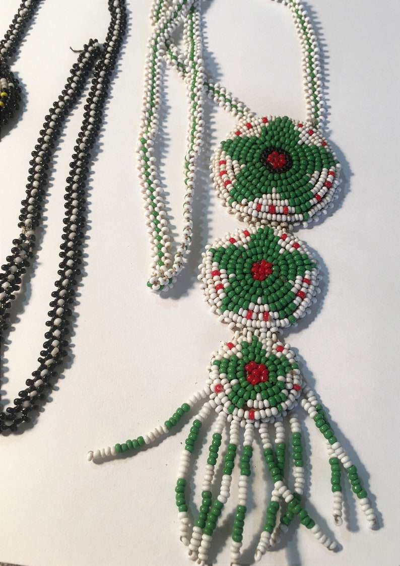 ORIGINAL VINTAGE Native American Southwest Glass Ceramic Leather Seed Bead Tribal Necklaces ; Vintage Indian Seed Bead Tribal Necklaces