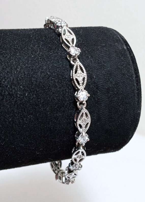 Vintage Silver Tone CZ Link Bracelet by MN for Avo