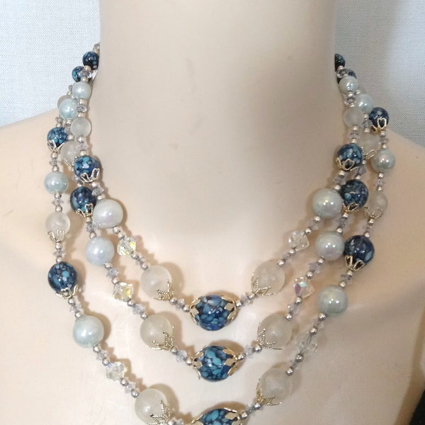 Vintage JAPAN Silver Tone 3 Strand Blue Murano Glass Bead Necklace; Vintage Murano Bead Choker; Vintage Bead Neclace; Murano Glass Bead