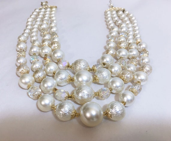 Vintage Gold Tone Stacking Pearl & Rondelle Bead … - image 9