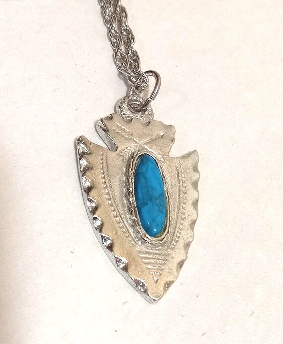 Vintage Silver Tone Turquoise Arrowhead Pendant N… - image 4