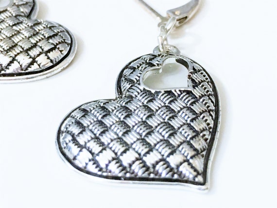 Silver Tone Patchwork Heart Dangle Earrings - image 3