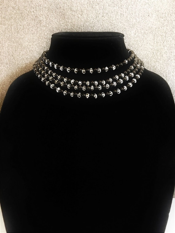 Antique Black Glass Bead Choker; Vintage Jet Black