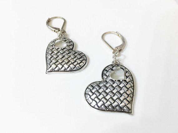 Silver Tone Patchwork Heart Dangle Earrings - image 2