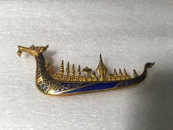 Stunning Vintage Gold Tone Blue Chinese Dragon Bro