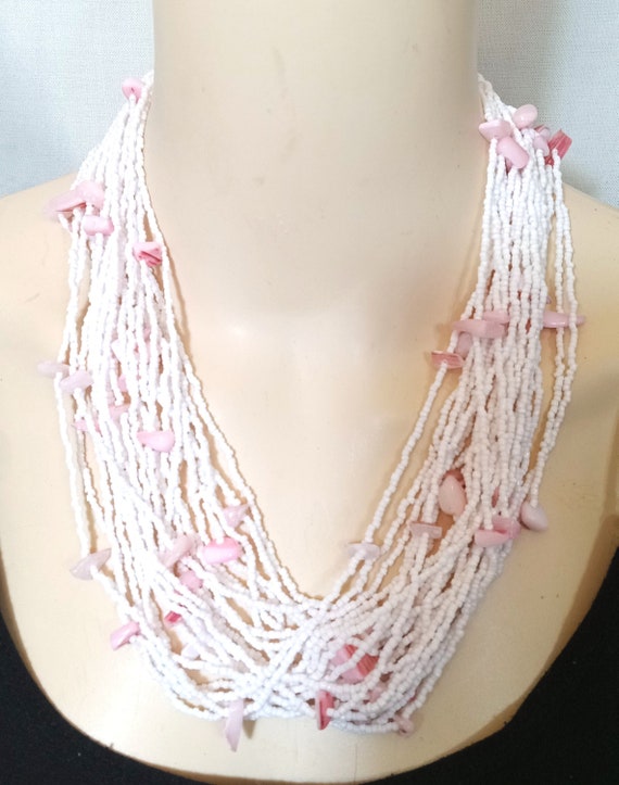 Vintage Shades of Pink Glass Seed Bead Shell Neckl