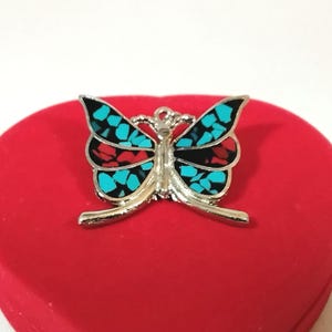 Unique Silver Butterfly Brooch W/ Faux Turquoise Inlay; Silver Butterfly Brooch; Red & Blue Butterfly Brooch; Butterfly Brooch; Brooch
