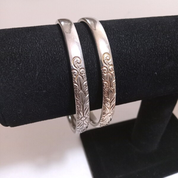 WHITING & DAVIS Silver and Gold Tone Etched Bangle Bracelets; Vintage Whiting and Davis Bangles; Vintage Silver Bangle; Etched Bangles