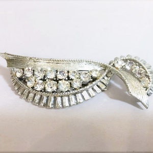 Vintage Silver Tone Rhinestone Ribbon Brooch