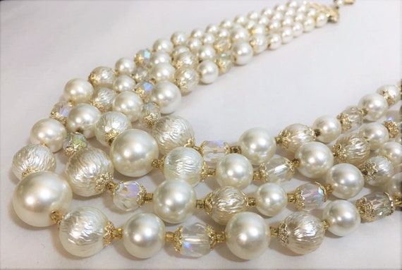 Vintage Gold Tone Stacking Pearl & Rondelle Bead … - image 1