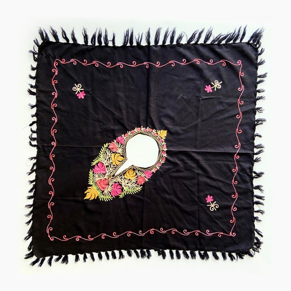 1930's Black Woven Poncho Shawl With Hand Embroide
