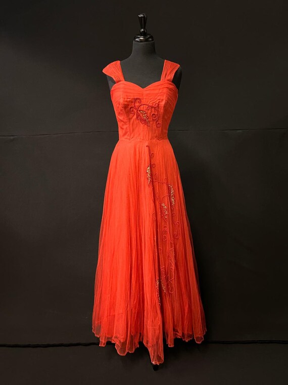 Original 1950's Bright Red Tulle Ballgown With Swe