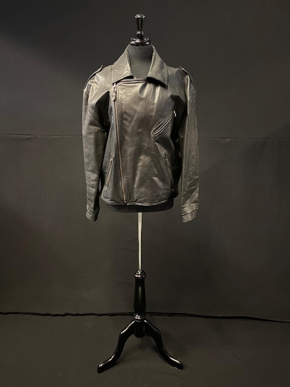 Unique 1980's Black Leather Motorcycle Jacket