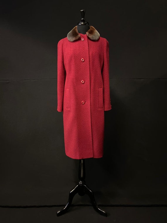 1950's Red Woolen Overcoat w Beaver Lamb Collar