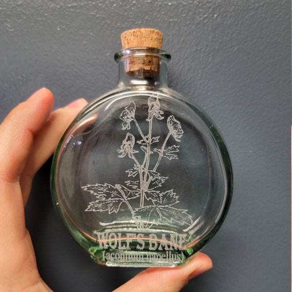 Wolf's Bane Etched Glass Apothecary Bottle 5.7 oz Monkshood