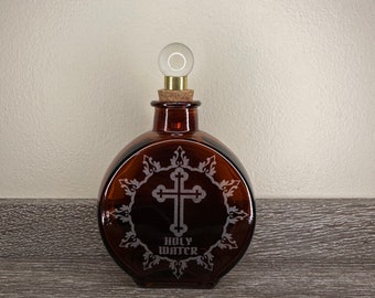 Holy Water Etched Amber Glass Apothecary Bottle 5.7 oz Clear Decanter