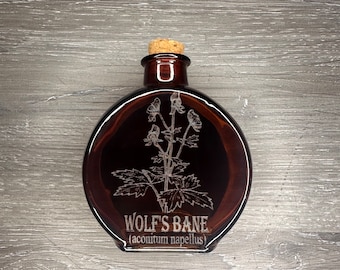 Wolf's Bane Etched Amber Glass Apothecary Bottle 5.7 oz Monkshood