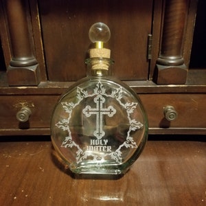 Holy Water Etched Glass Apothecary Bottle 5.7 oz Clear Decanter