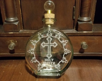 Holy Water Etched Glass Apothecary Bottle 5.7 oz Clear Decanter